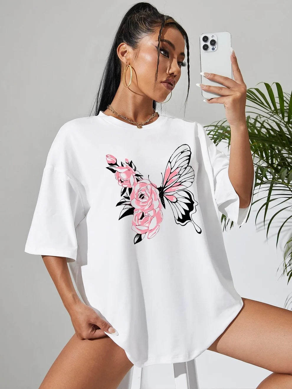 Floral Butterfly Drop Shoulder T-shirt