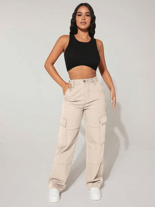 High Waist Flap Pocket Side Cargo Jeans