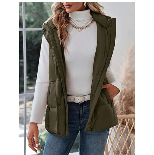 12 Womens Sleeveless Zip Up Puffer Vest Hooded Stand Collar Quilted Jacket Coats With Pockets